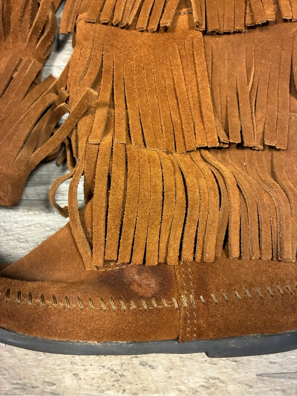 Minnetonka Three Fringe Suede Moccasin Pull On Western Boots Mid Calf